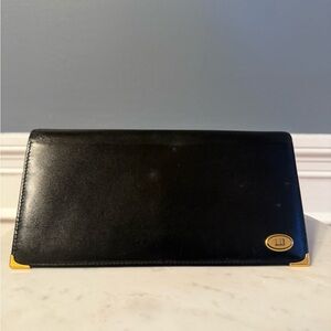 Black Leather Dunhill Long Bifold Wallet with Gold Accents